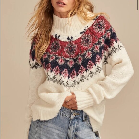 Lucky Brand Fairisle Turtleneck Sweater Wool White Red Blue Size XXL Knit - Picture 1 of 13
